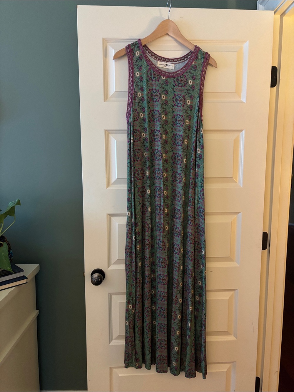 Natural Life Green and Purple Sleeveless Maxi Dress with Crocheted neckline/arms